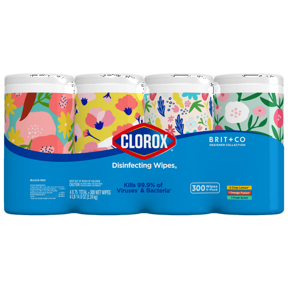Clorox Disinfecting Wipes (300 ct Brit +Co Value Pack), Bleach Free Cleaning Wipes - 4 Pack - 75 ct Each