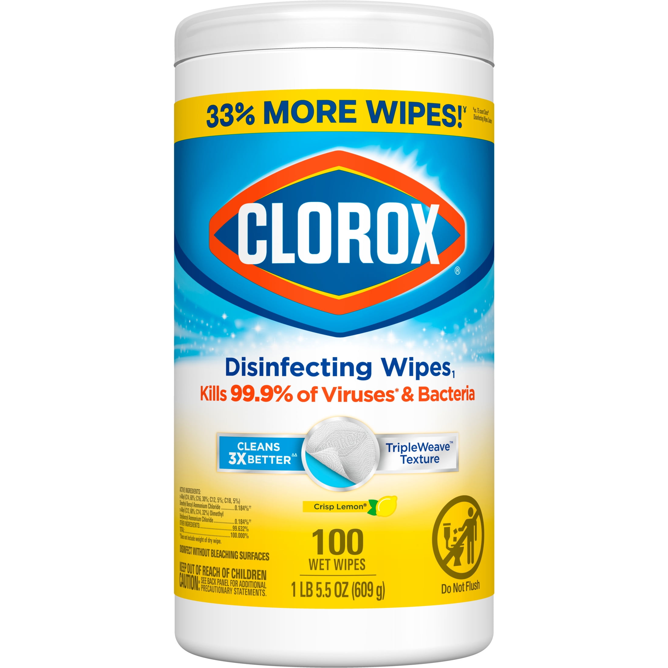 Clorox Disinfecting Wipes, Bleach Free Cleaning Wipes, Crisp Lemon, 100 Ct