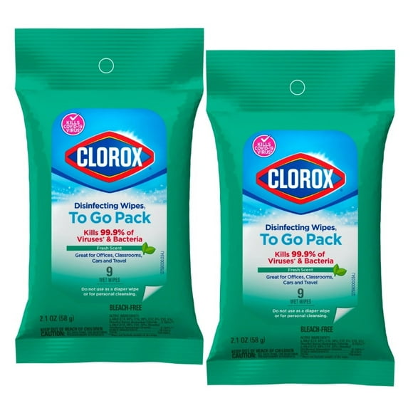 Clorox Disinfecting Wipes on the Go Bleach Free Travel Wipes, Fresh Scent, 9 Ct (2 Pack)