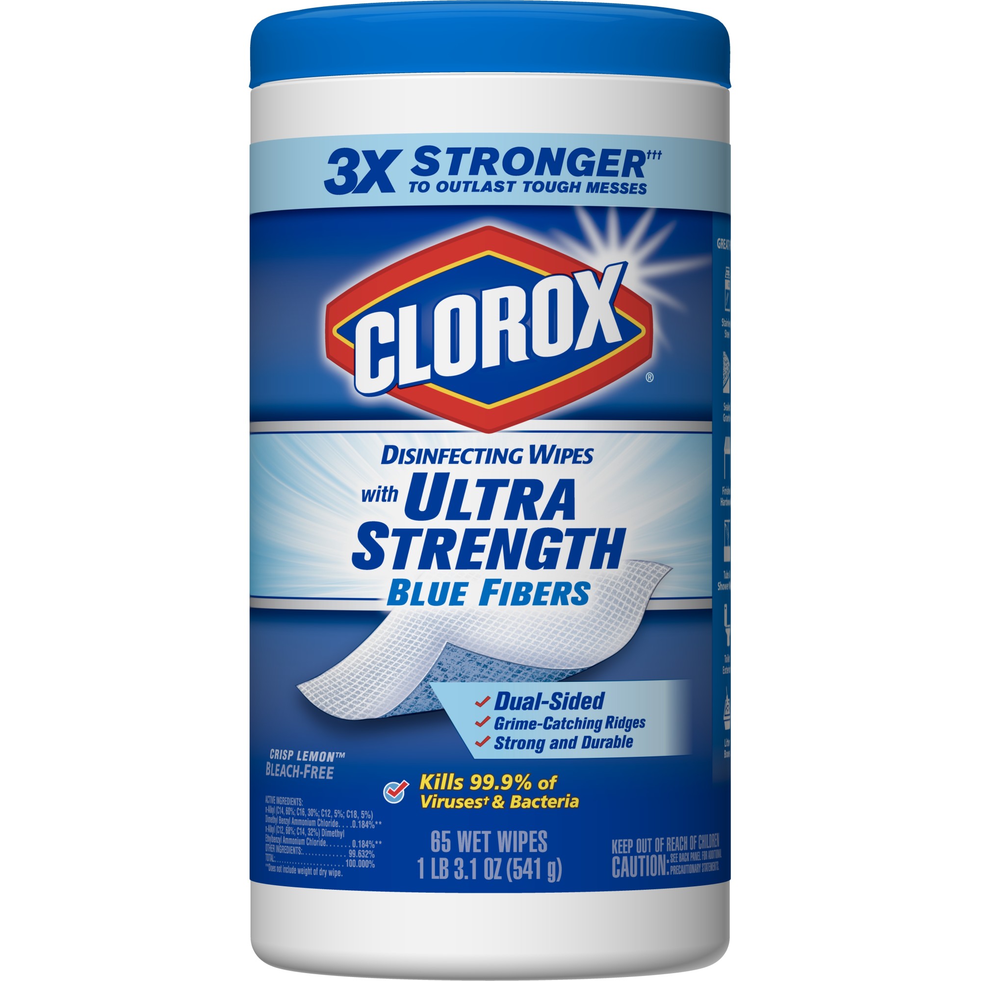 Clorox Disinfecting Wipes with Ultra Strength Blue Fibers, Crisp Lemon - 1 Canister - 65 Wipes - image 1 of 7