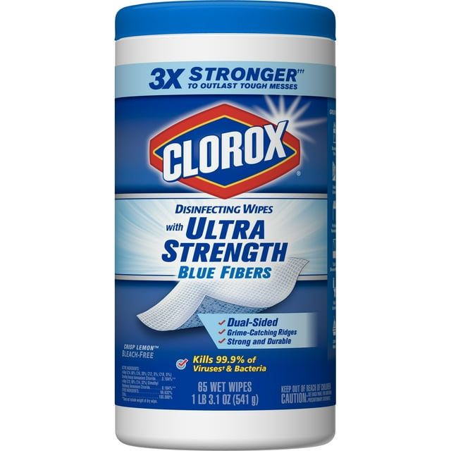 Clorox Disinfecting Wipes with Ultra Strength Blue Fibers, Crisp Lemon - 1 Canister - 65 Wipes