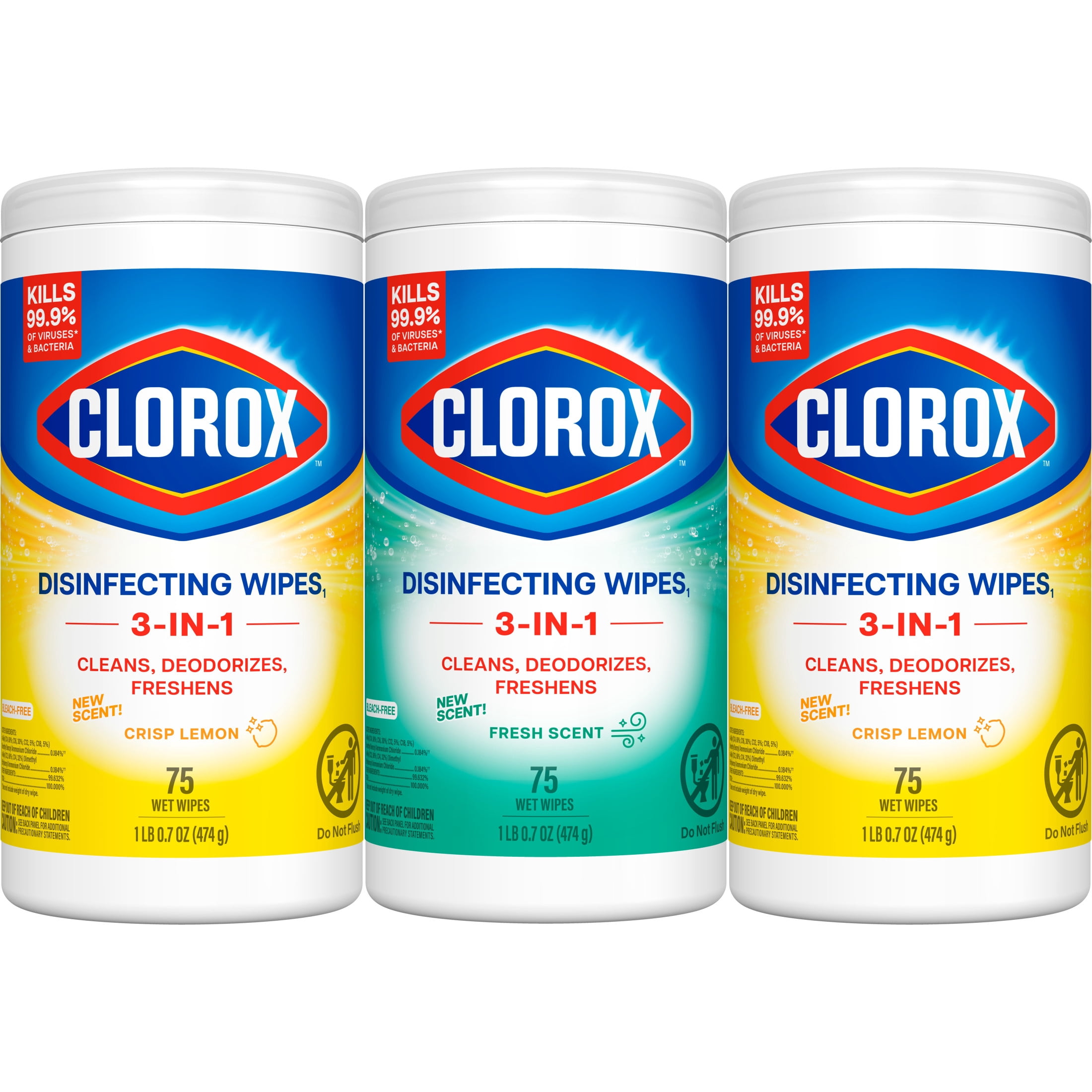 Clorox Disinfecting and Cleaning Wipes, Crisp Lemon and Fresh Scent, 75 Count Each, 3 Pack