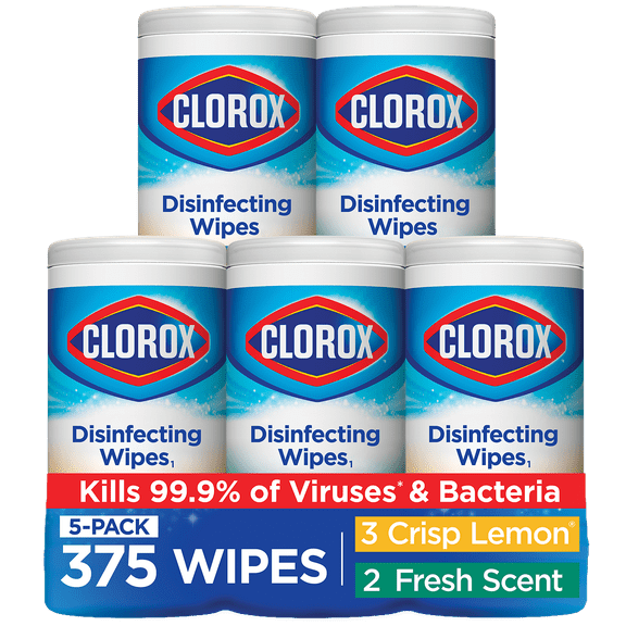 Clorox Disinfecting and Cleaning Wipes, Crisp Lemon and Fresh Scent, 75 Count Each, 5 Pack