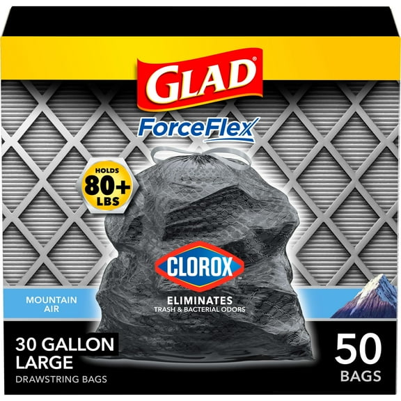 Clorox ForceFlex 30 Gallon Trash Bags, Extra Strong Drawstring Garbage Bags for Heavy Loads, Leak Proof and Scented, Mountain Air, Black