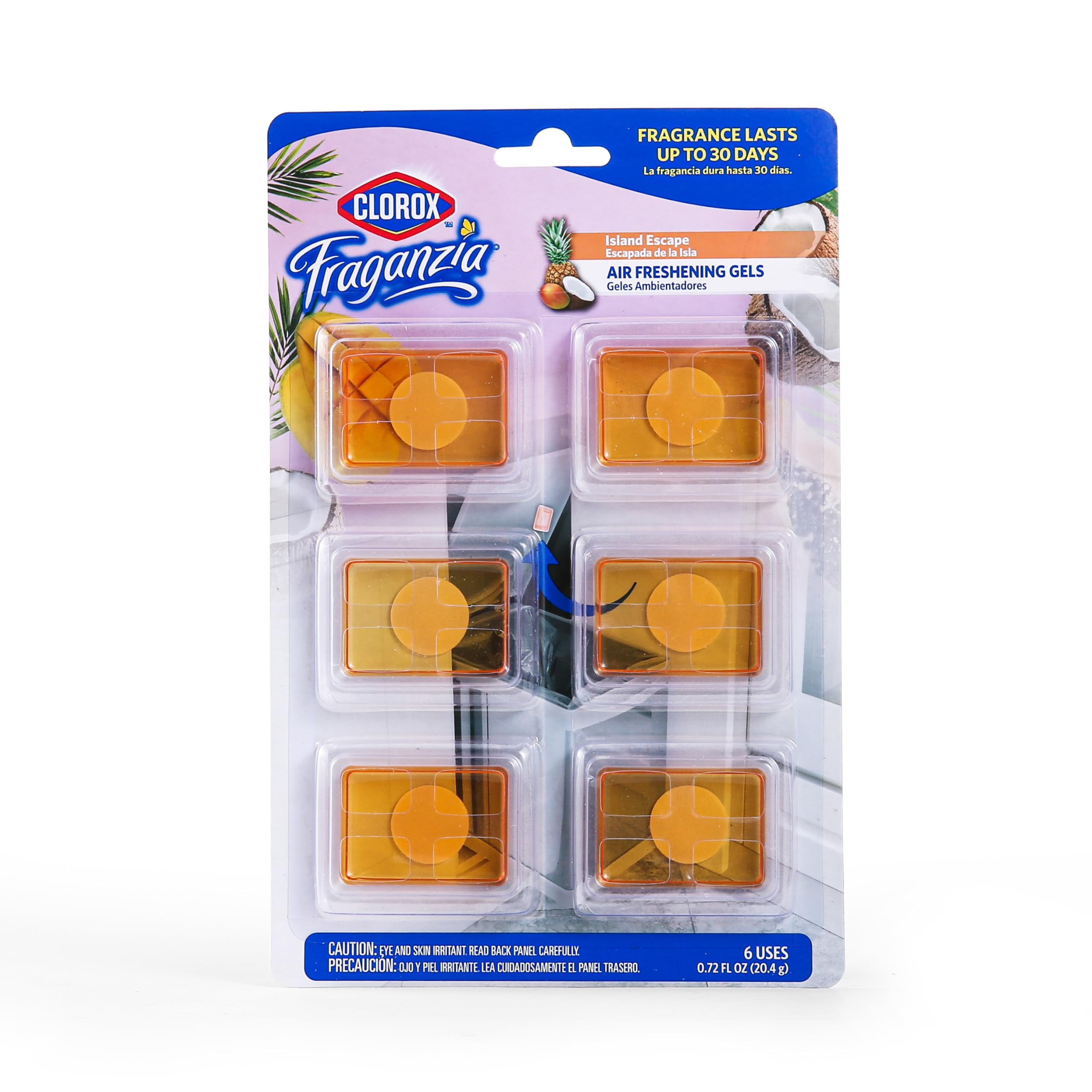 Clorox Fraganzia Adhesive Air Freshening Gels In Island Escape, 6Pk | No-Plug, Battery-Free Air Freshener For Garbage Cans & More, 6 Air Freshener Units