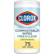 Clorox Free & Clear Compostable Cleaning Wipes, All Purpose Wipes, Light Lemon Scent, 75 Count