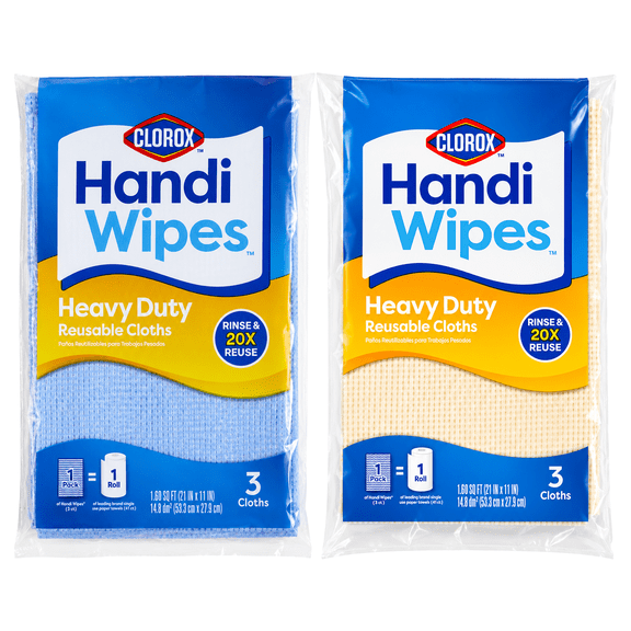 Clorox Handi Wipes Heavy Duty Reusable Cloths, 3 Count, Household Cleaning Cloths, Plastic Bag, New