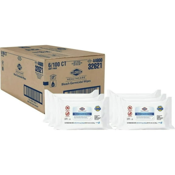 Bleach Germicidal Wipes, Disinfectant Wipes, 1-Ply, 6.75 x 9, Unscented, White, 100 Wipes/Flex-Pack, 6 Flex-Packs/Carton