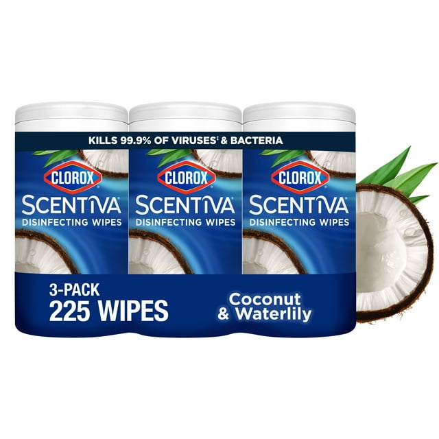 Clorox Scentiva Bleach Free Cleaning Wipes, Coconut and Waterlily, 225 Count, 3 Pack