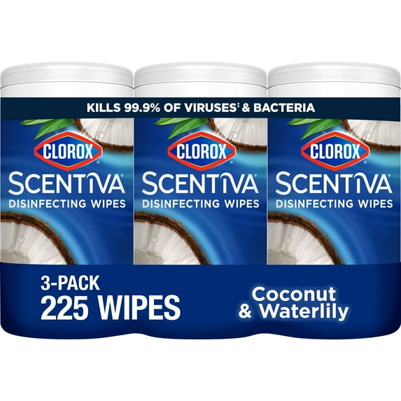 Clorox Scentiva Bleach Free Cleaning Wipes, Coconut and Waterlily, 225 Count, 3 Pack