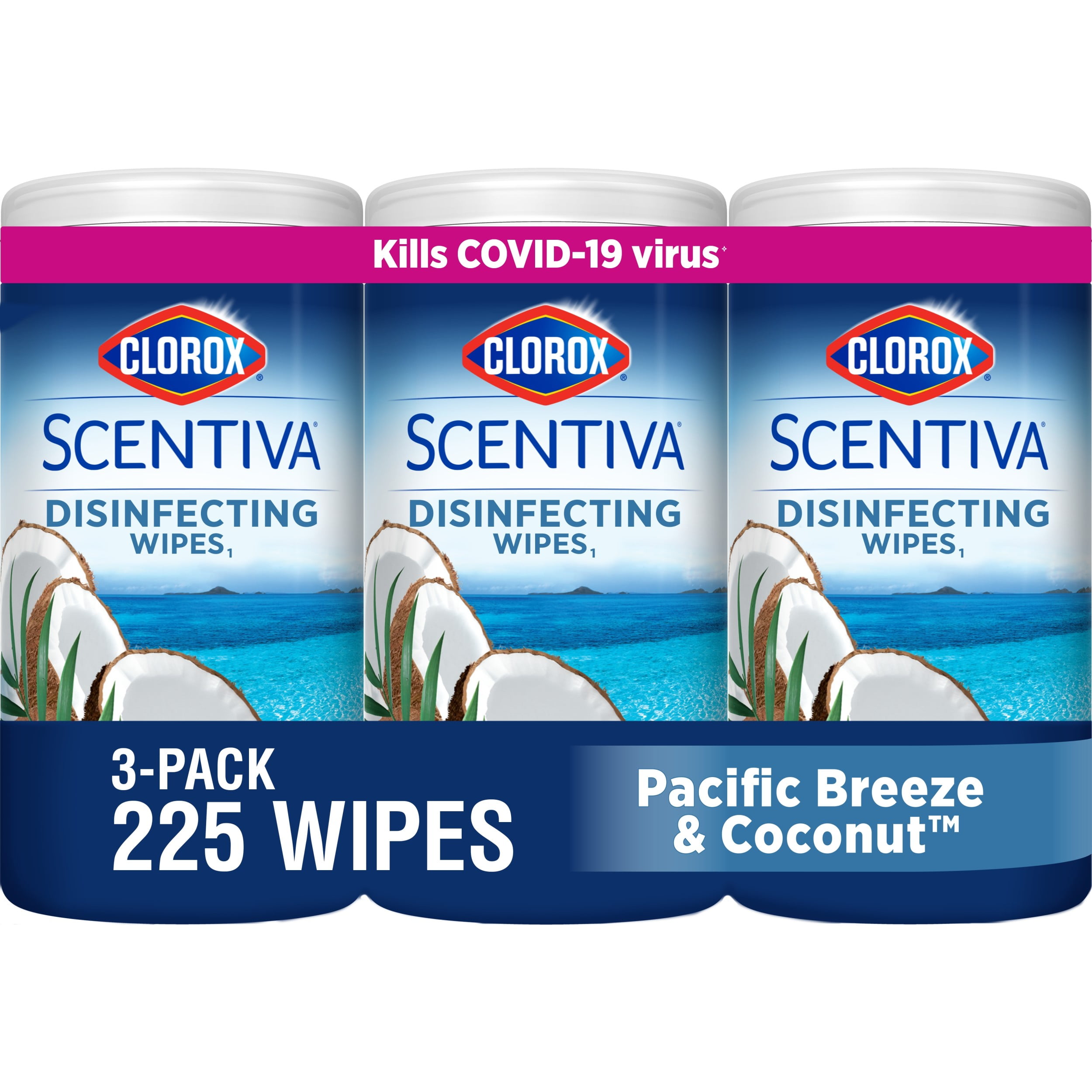 Clorox Scentiva Bleach Free Cleaning Wipes, Pacific Breeze and Coconut, 225 Count, 3 Pack