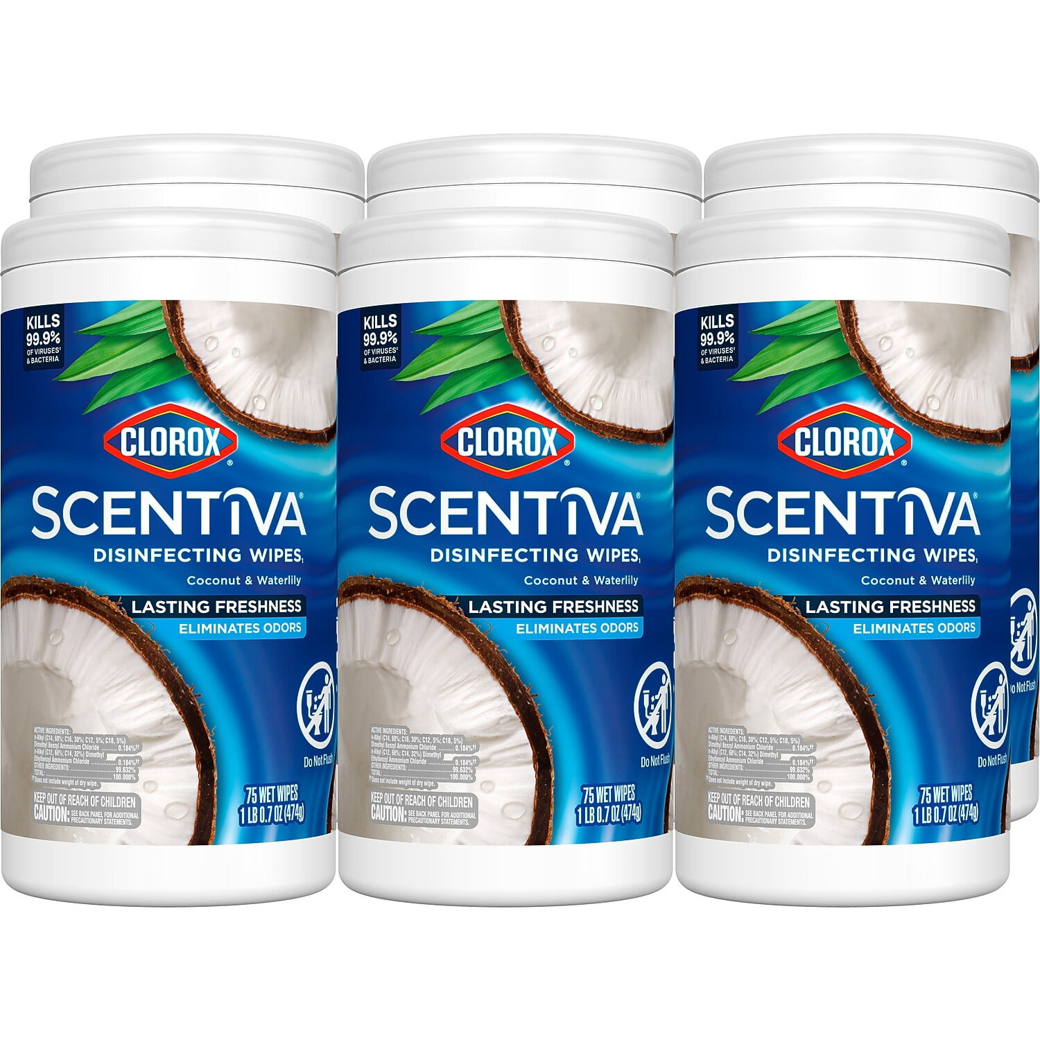 (6 pack) Clorox Scentiva Bleach-Free Cleaning Wipes, Coconut and Waterlily, 75 Count