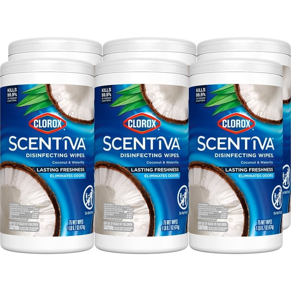 (6 pack) Clorox Scentiva Bleach-Free Cleaning Wipes, Coconut and Waterlily, 75 Count