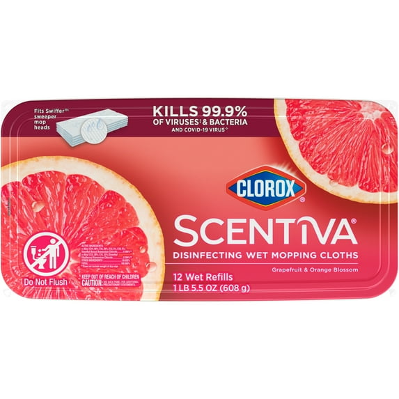 Clorox Scentiva Disinfecting Wet Mop Pads, Grapefruit & Orange Blossom, 12 Count