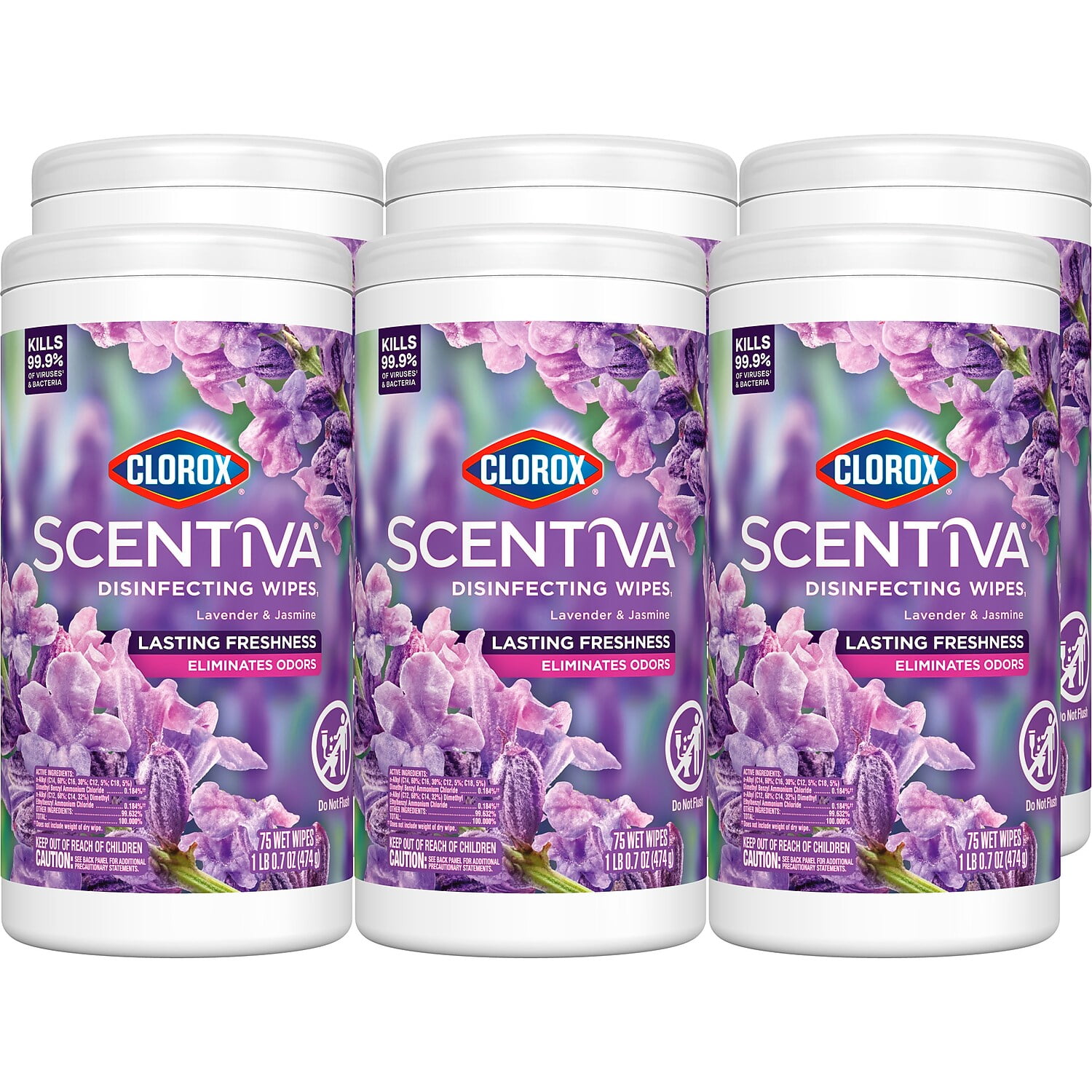 (6 pack) Clorox Scentiva Disinfecting Wipes, Lavender and Jasmine, 75 Count