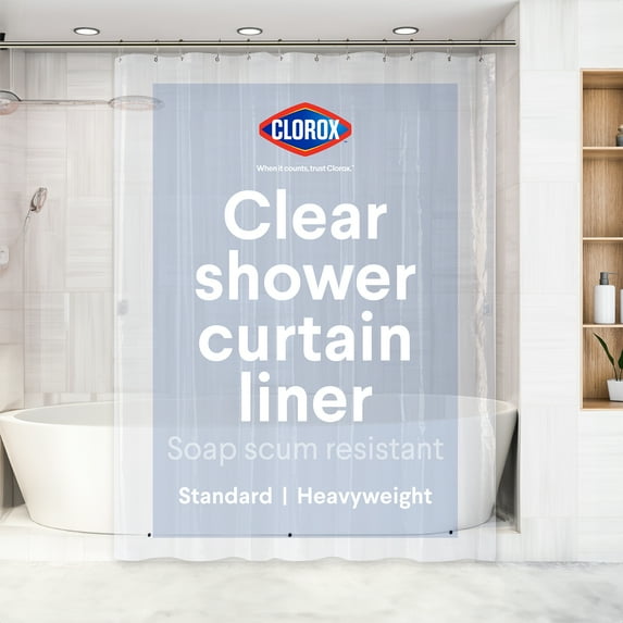 Clorox Shower Curtain Liner Heavyweight Waterproof PEVA with Metal Grommets 72" x 72" Clear