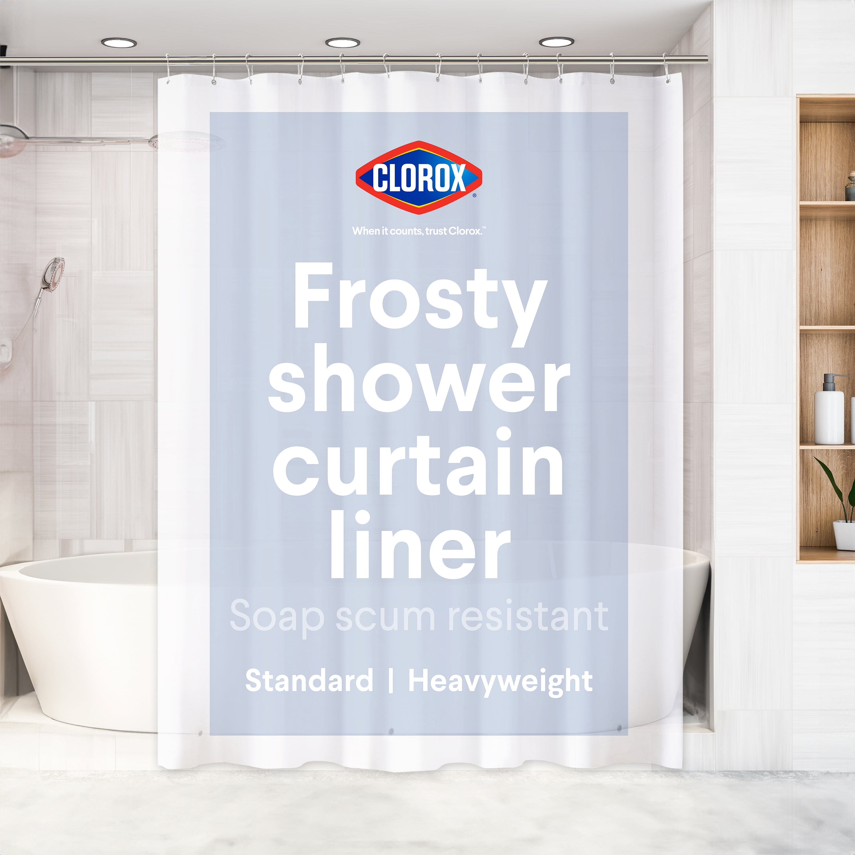 Clorox Shower Curtain Liner, Premium Heavyweight Durable Waterproof 8g PEVA for Bathroom with Weighted Magnets, Standard Size 72" x 72", Frosty 1 Pack
