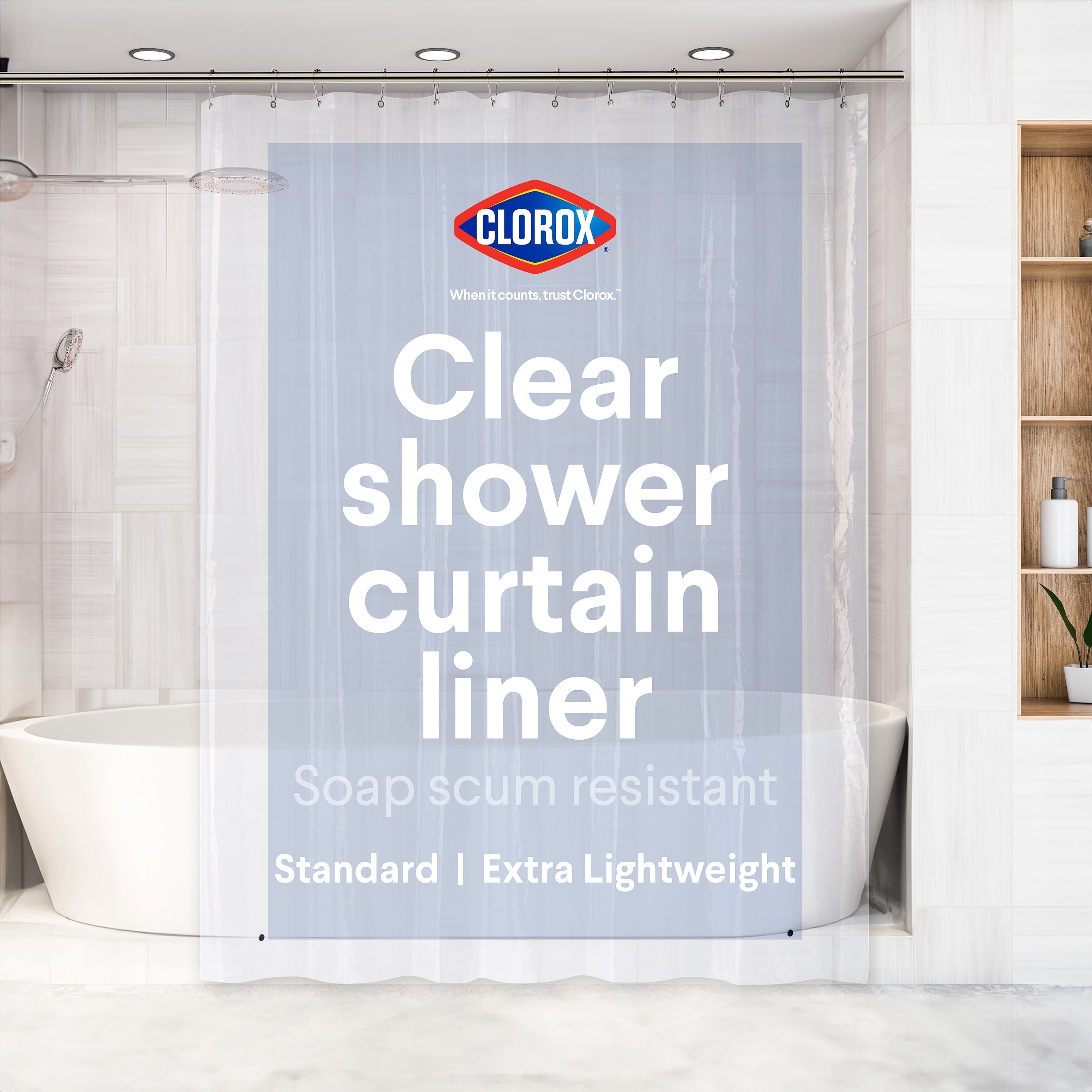 Clorox Shower Curtain Liner, Waterproof PEVA, 70x72 inches, Clear ...