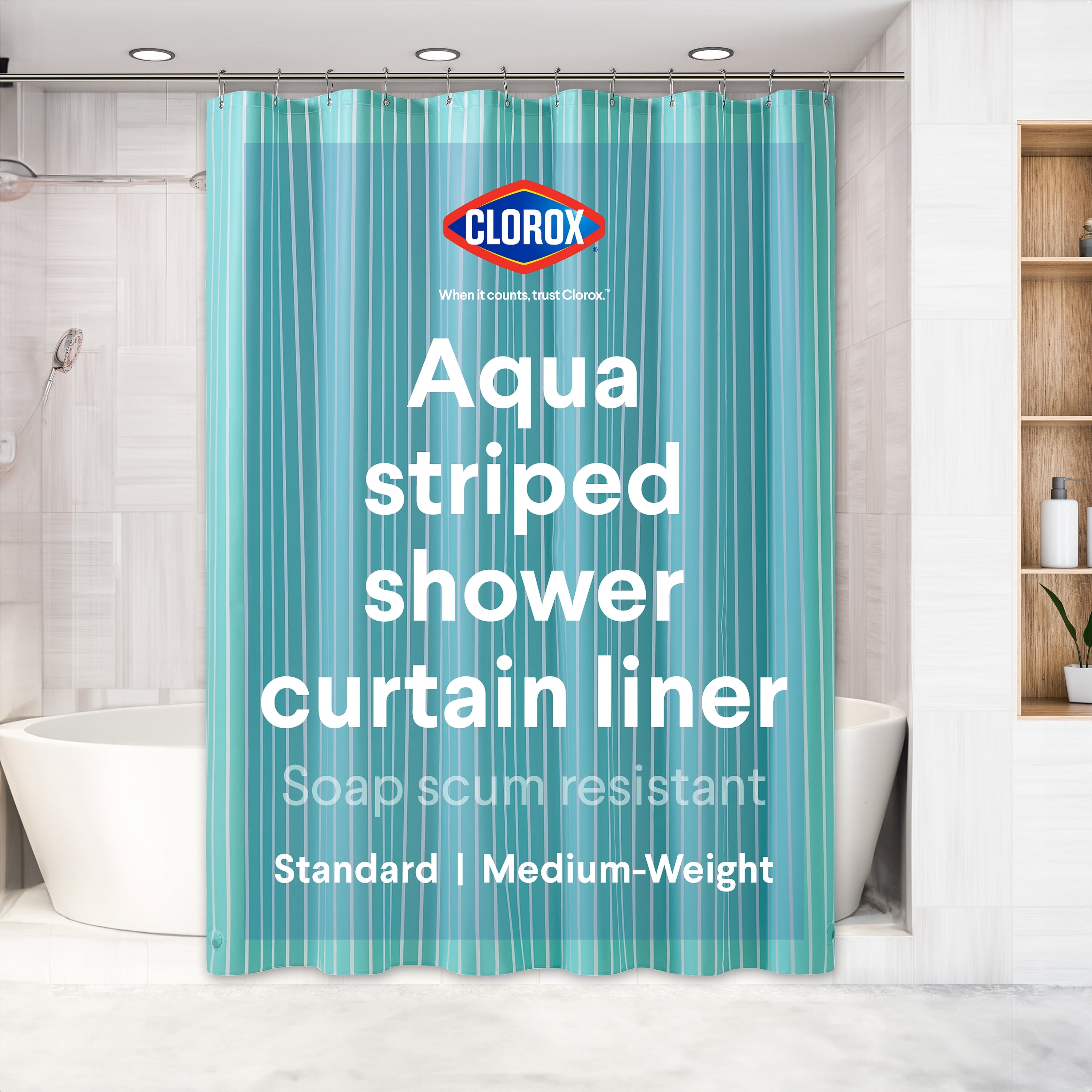 Clorox Shower Curtain Liner, Striped Waterproof 6g PEVA for Bathroom Standard Size 72" x 72", Aqua