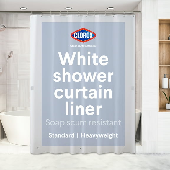 Clorox Shower Curtain Liner Heavyweight Waterproof PEVA with Metal Grommets, 72" x 72" White