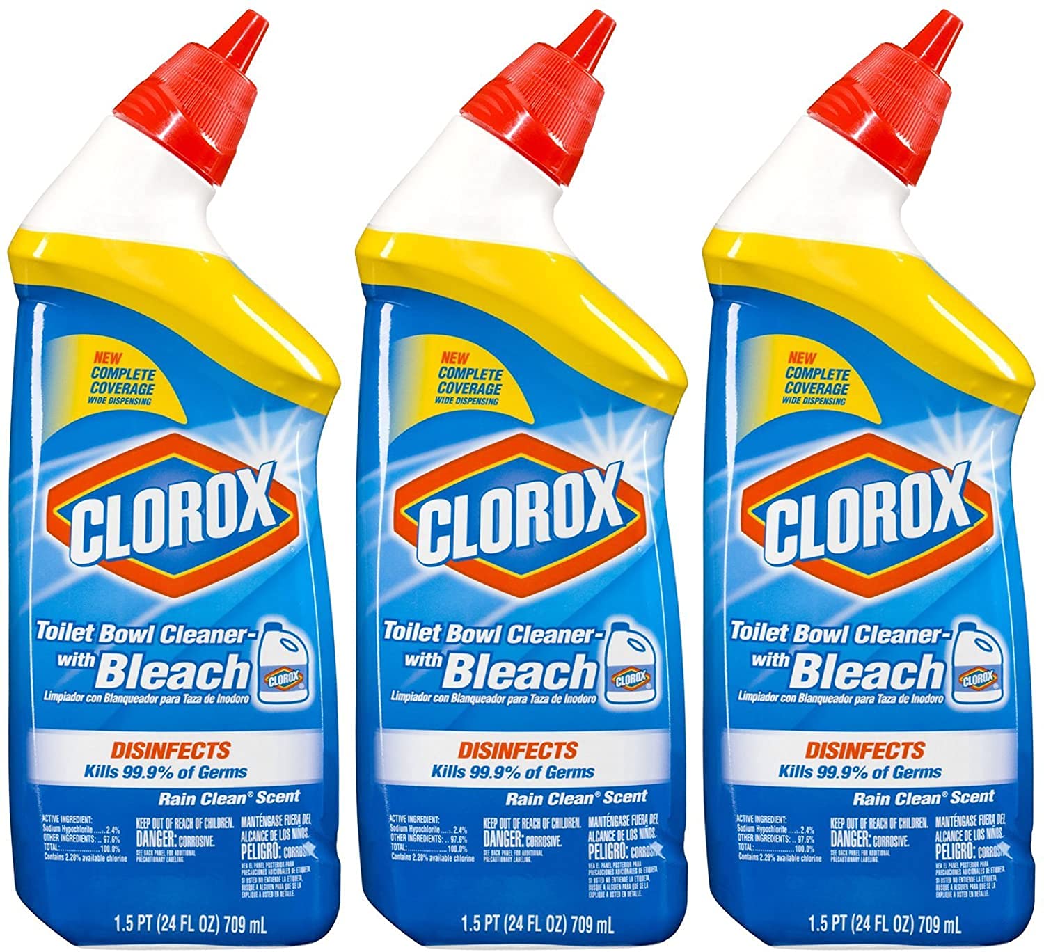 Clorox Toilet Bowl Cleaner with Bleach, Rain Clean 24 oz, 3 Pack