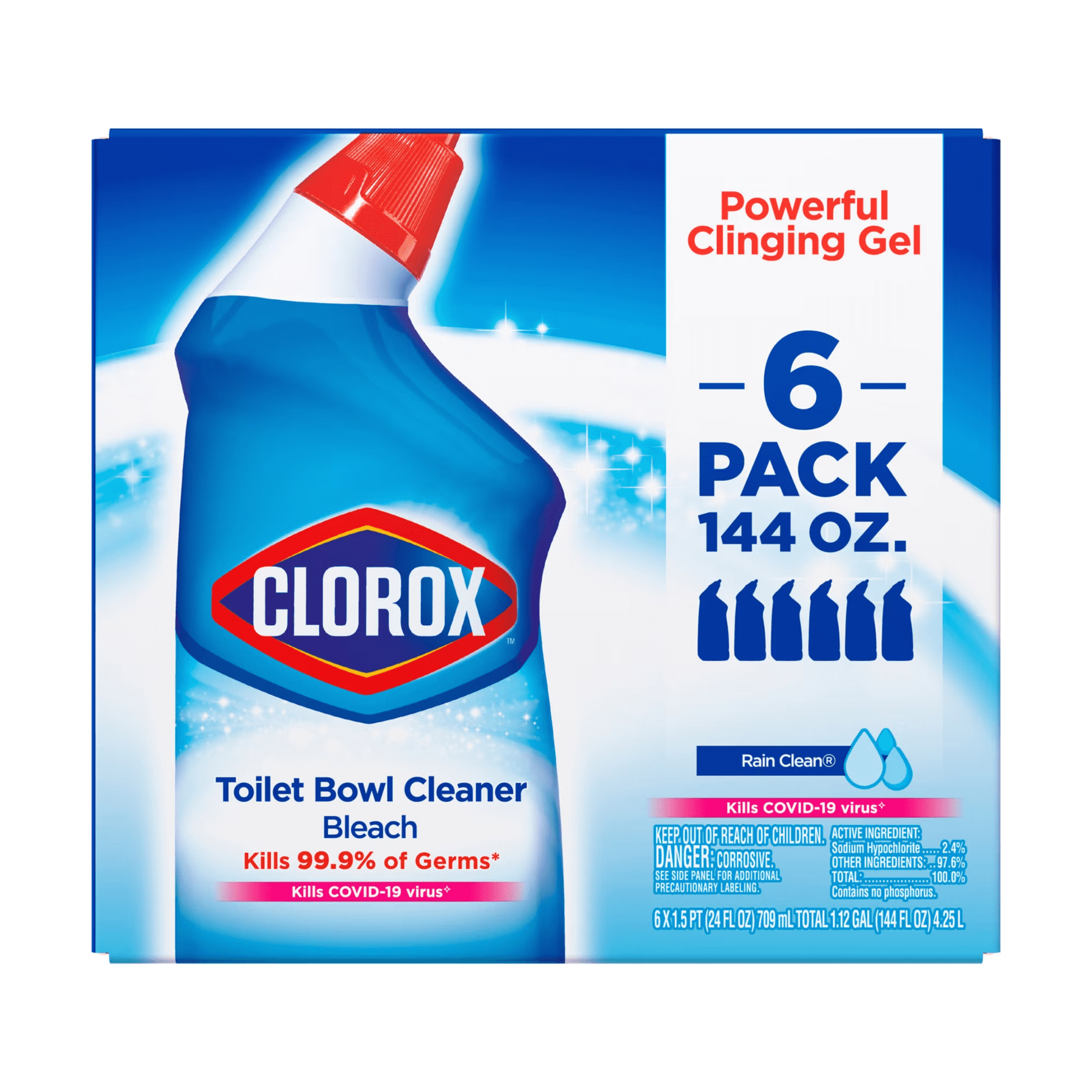 Clorox Toilet Bowl Cleaner with Bleach, Rain Clean, 6 pk./24 oz
