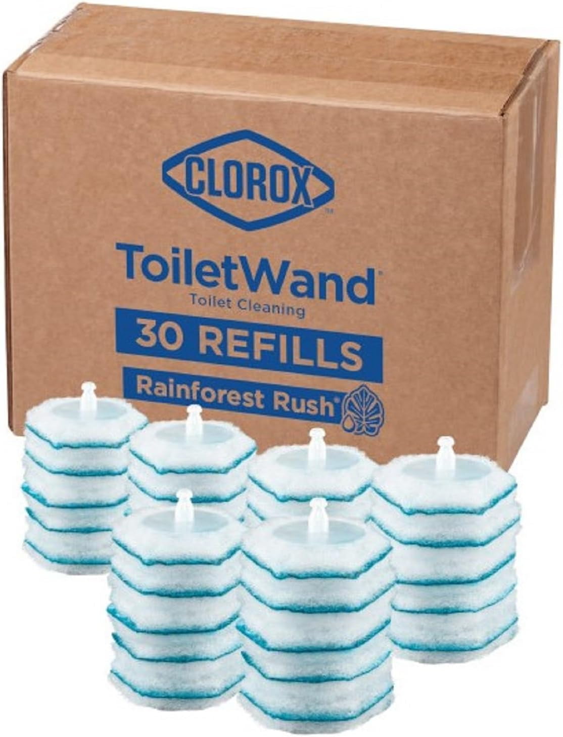 Clorox Toilet Wand Disinfecting Refills, Toilet and Bathroom Cleaning, Toilet Brush Heads, Disposable Wand Heads, Rainforest Rush, 30 Count