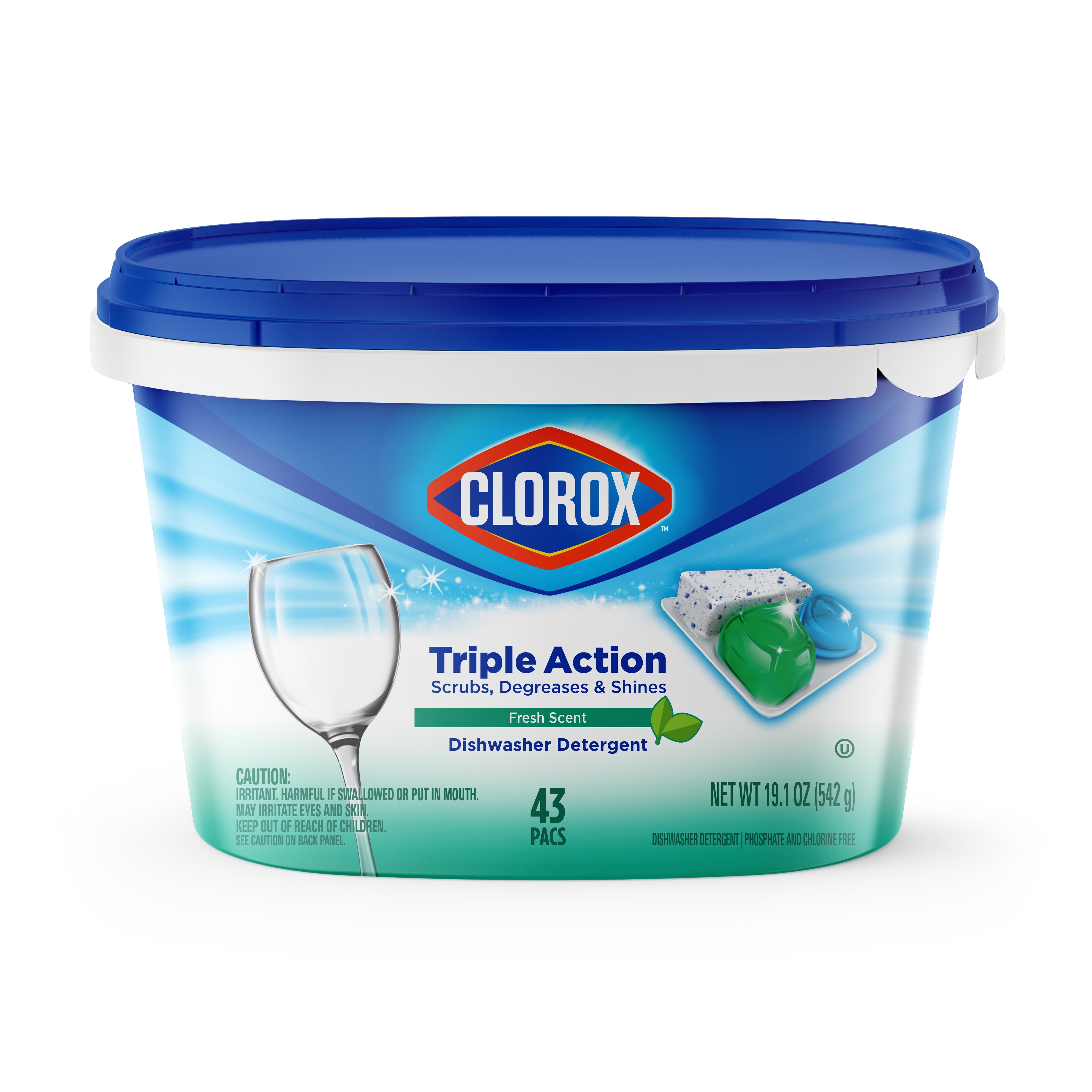 Clorox Triple Action Dishwasher Detergent Pacs, 43CT, Free of