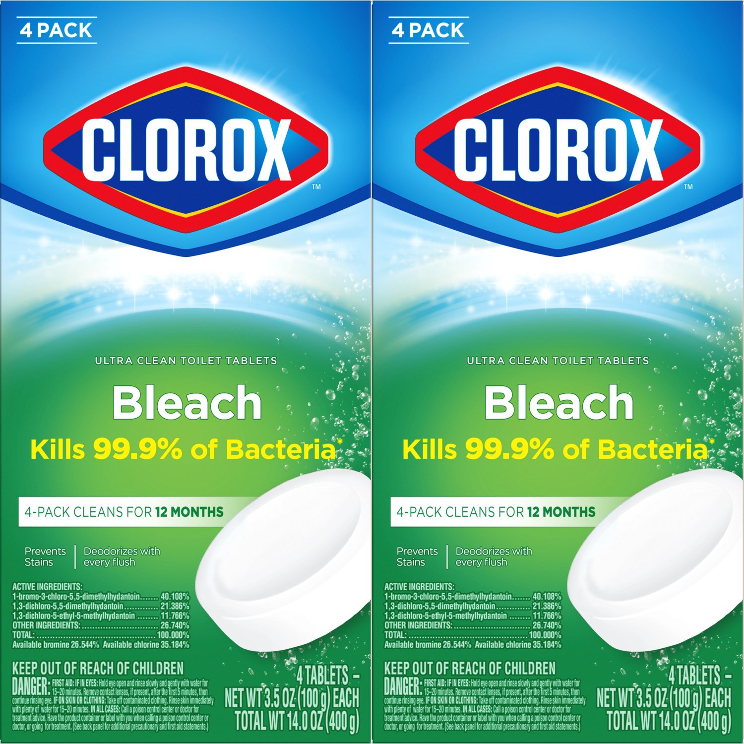 Clorox Ultra Clean Bleach Toilet Tablets, 14 oz, 4 Count, 2 Pack