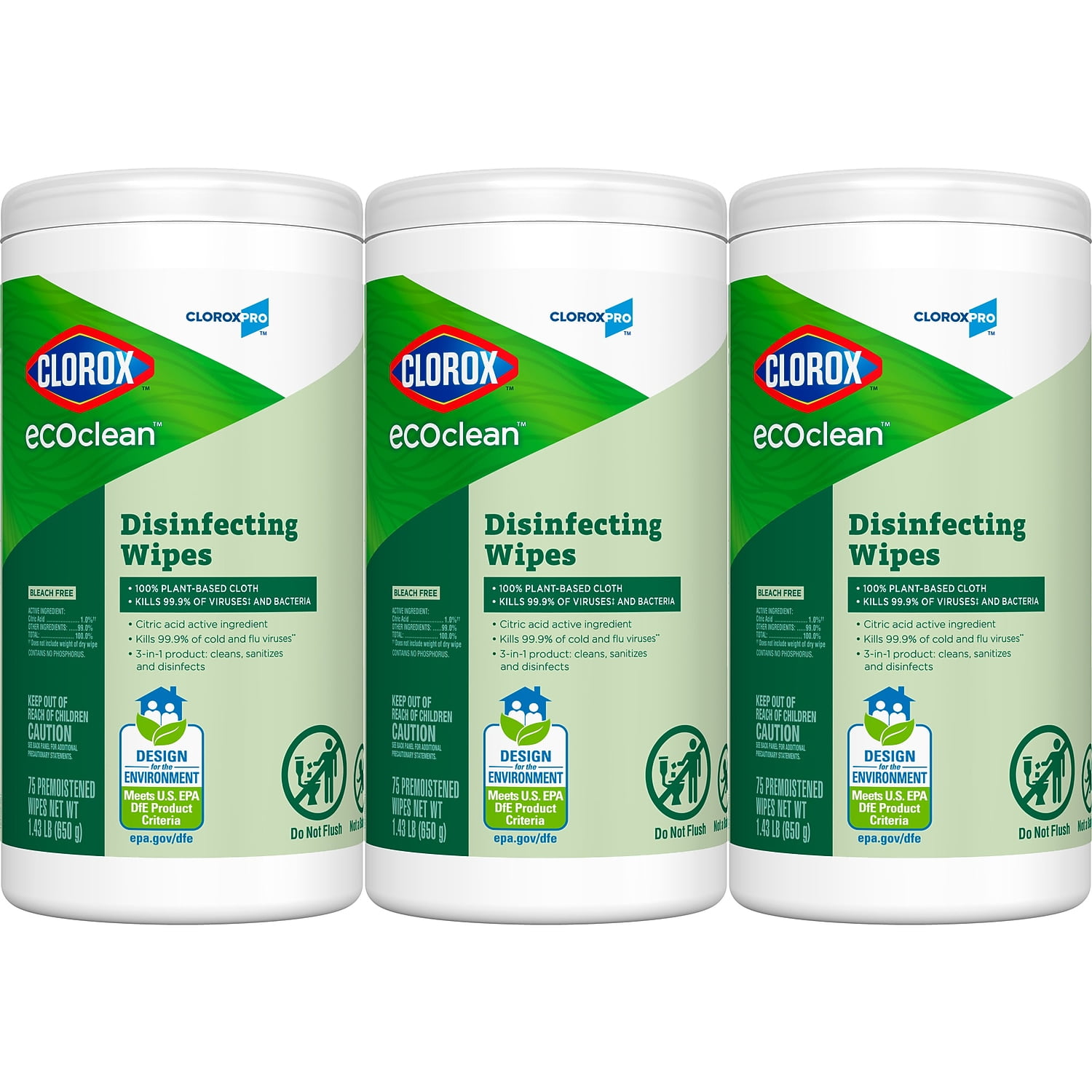 CloroxPro Clorox EcoClean Disinfecting Wipes 75 Wipes/Container 3/Pack (60787)