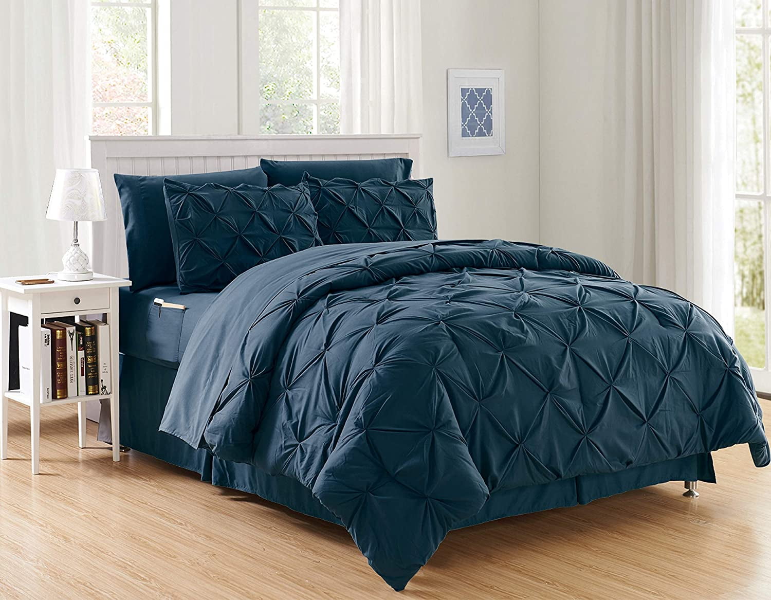 Luxury Goose Down Alternative 6PC Comforter Set - All Season Pintuck Style , Twin/Twin XL, Navy