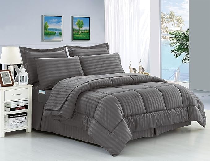 Elegant Comfort Wrinkle Resistant - Silky Soft Dobby Stripe Bed-in-a-Bag 8-Piece Comforter Set, King Grey