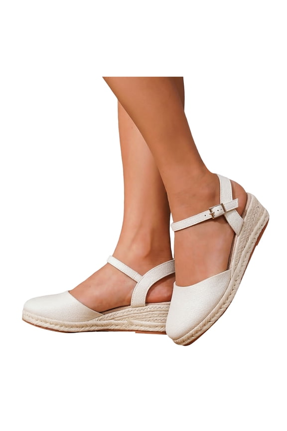 Close Toe Wedge Sandals for Women Lightweight Low Top Espadrille Heels with Ankle Strap Comfortable Non Slip Dress Shoes White Size 8.5