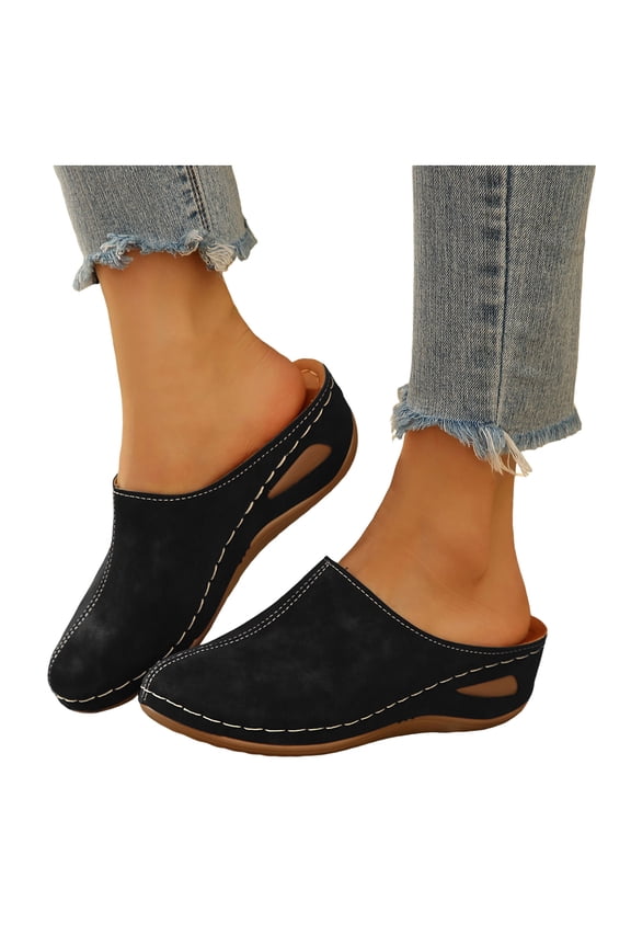 Close Toe Wedges Sandals for Women Platform Wide Toe Box Clogs Vintage Suede Comfortable Non Slip Dressy Shoes Black Size 7