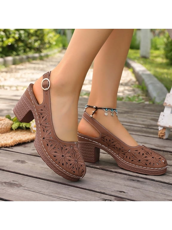 Close Toed Heels Women On Adjustable Strap Wedge Hollow Breathable Sandals Comfortable Summer Dress Vacation Beach Shoes Platform Heeled Sandals(Brown,7)