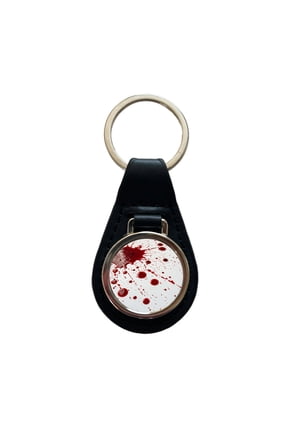 Close-Up Blood Splatters Metal Black Leather Keychain