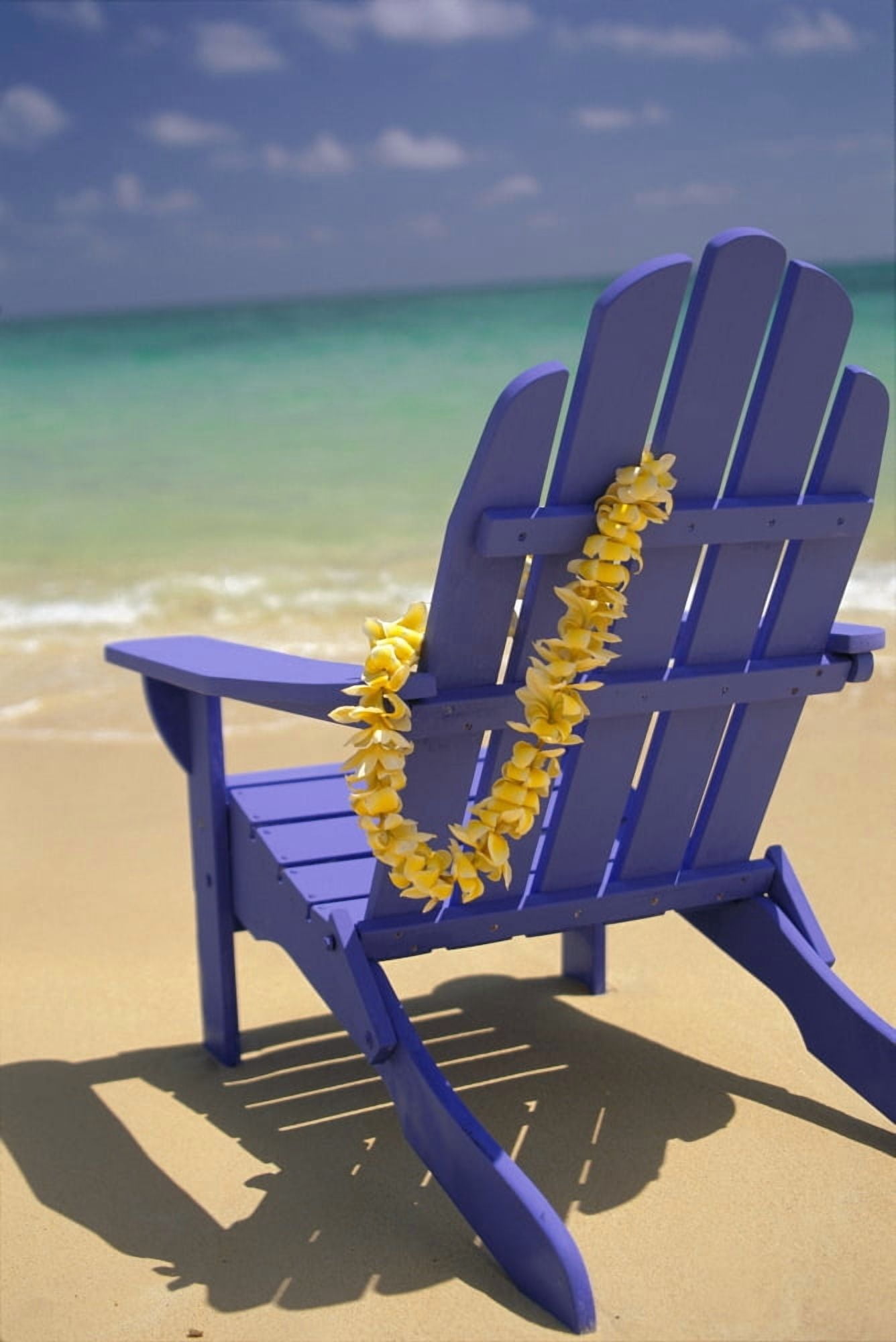 Close-Up Blue Beach Chair With Plumeria Hanging On Side Facing Ocean Canvas Art - Dana Edmunds Design Pics (12 x 19)