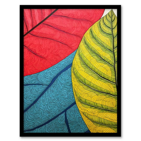 Close Up Leaves Gond Painting Style Artwork Red Blue Green Line Drawing Stylised Patterns Art Print Framed Poster Wall Decor 12x16 inch