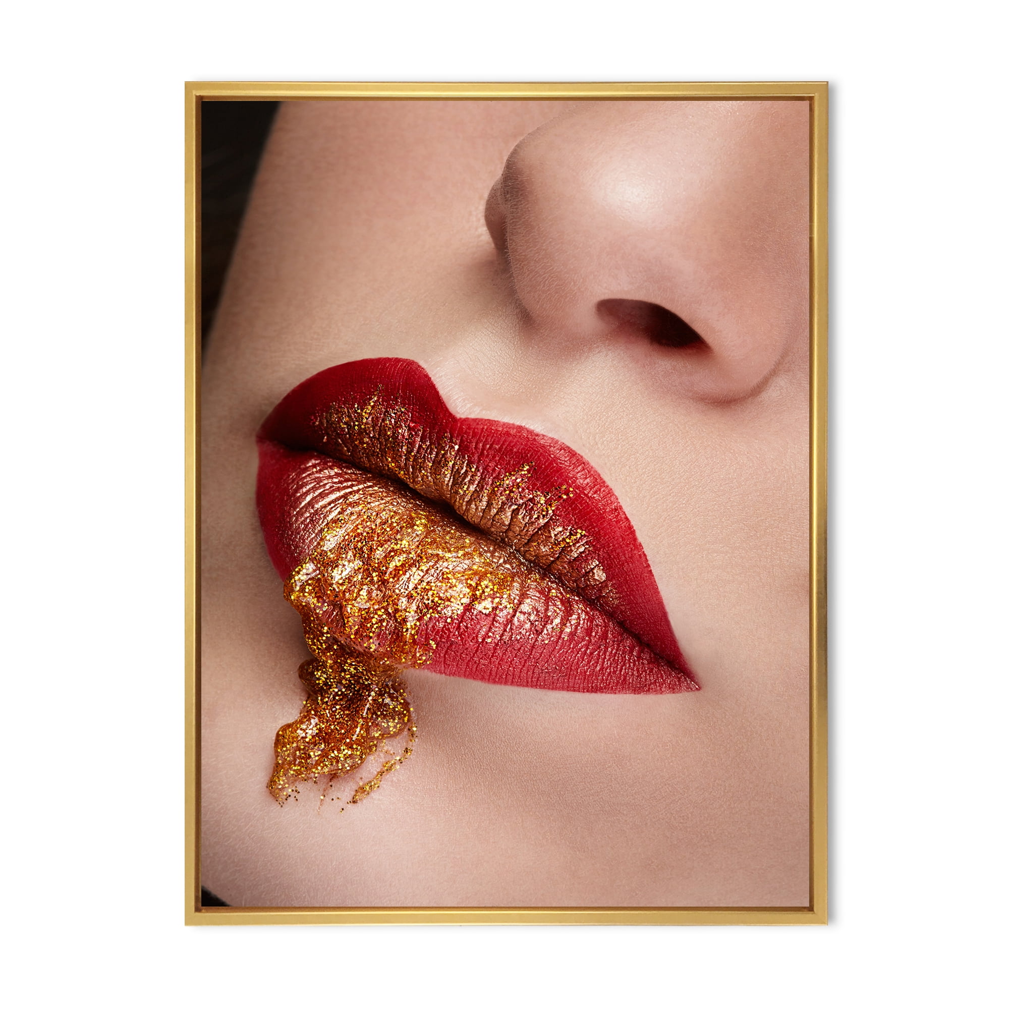 Close Up Lips With Gold and Red Make Up 16 in x 32 in Framed Photography Canvas Art Print, by Designart