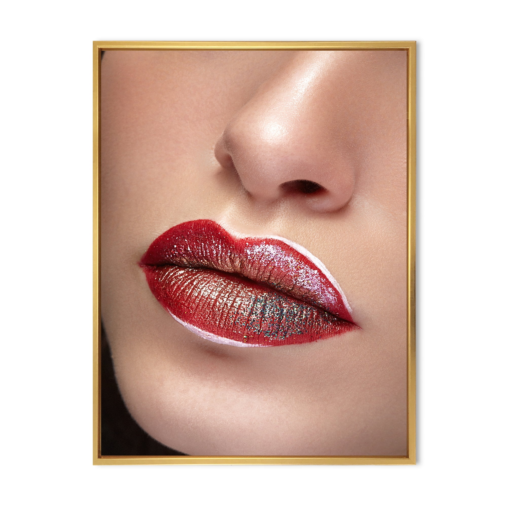 Close Up Lips With Professional Lipstick and Make Up 24 in x 32 in Framed Photography Canvas Art Print, by Designart