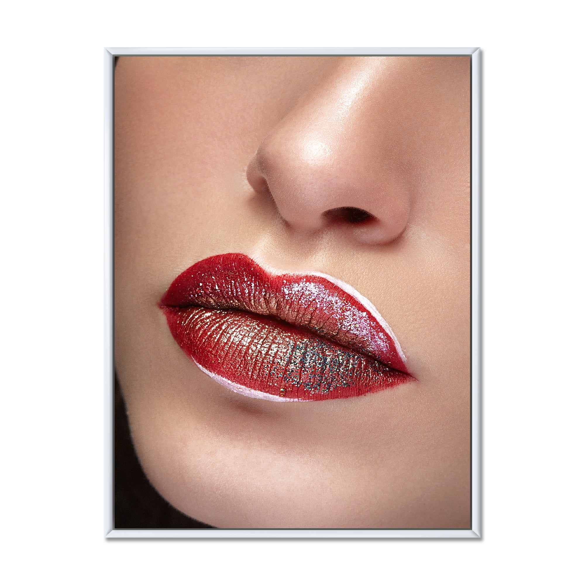 Close Up Lips With Professional Lipstick and Make Up 24 in x 32 in Framed Photography Canvas Art Print, by Designart
