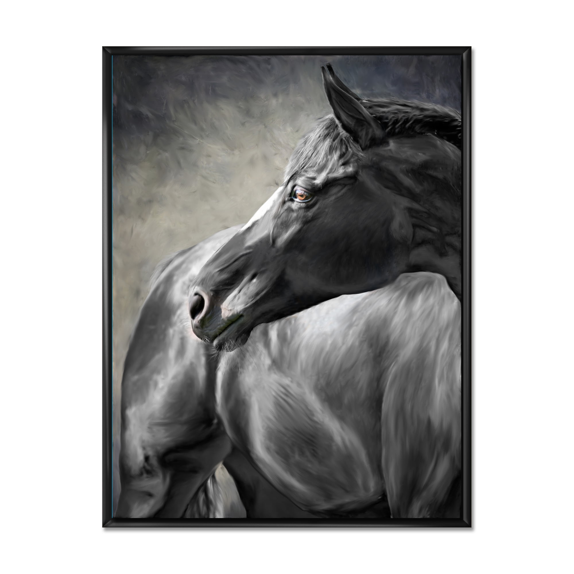 Close Up Of A Black Horse 12 in x 20 in Framed Painting Canvas Art Print, by Designart