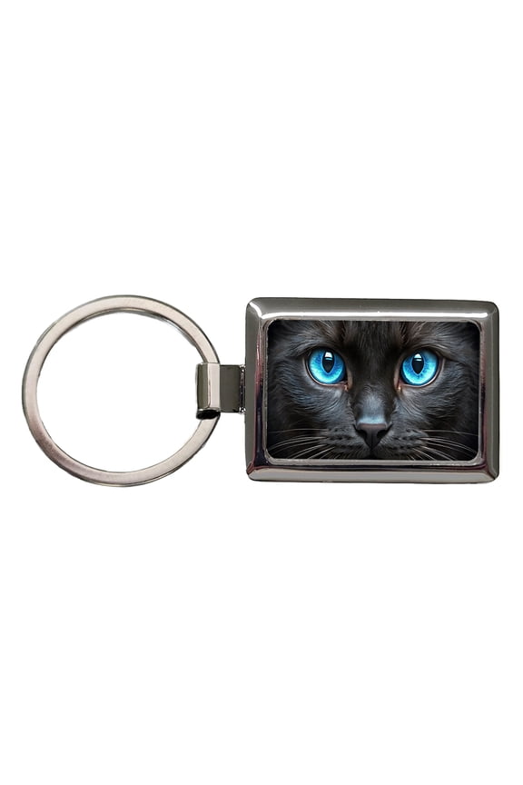 Close-Up Of Blue Cat Eyes Metal Rectangle Keychain