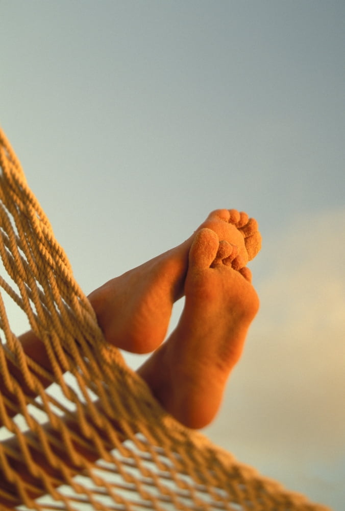 Close-Up Of Bottom Womans Feet Crossed Hammock With Golden Afternoon Light Sand Canvas Art - Dana Edmunds Design Pics (11 x 17)