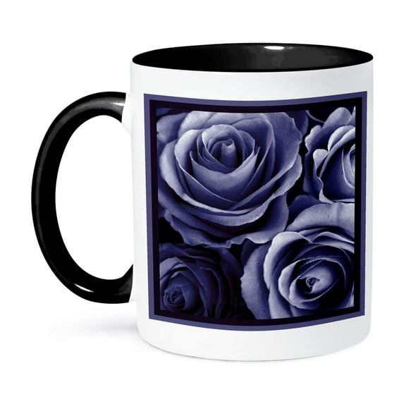 3dRose, Close up of dreamy muted denim blue rose bouquet, 15oz Two-Tone Black Mug