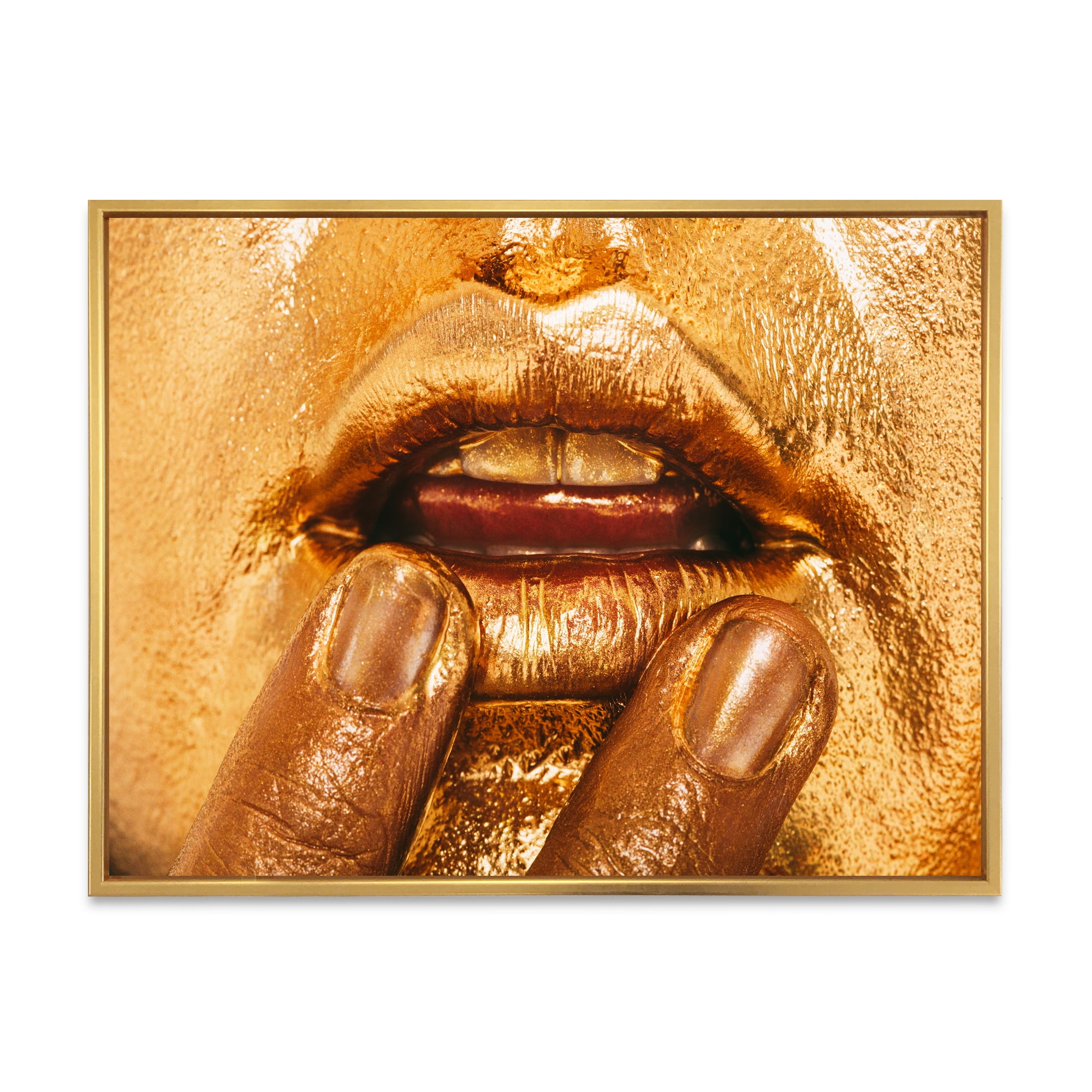 Close Up Of Female Lips With Bright Golden Makeup i 40 in x 30 in Framed Painting Canvas Art Print, by Designart