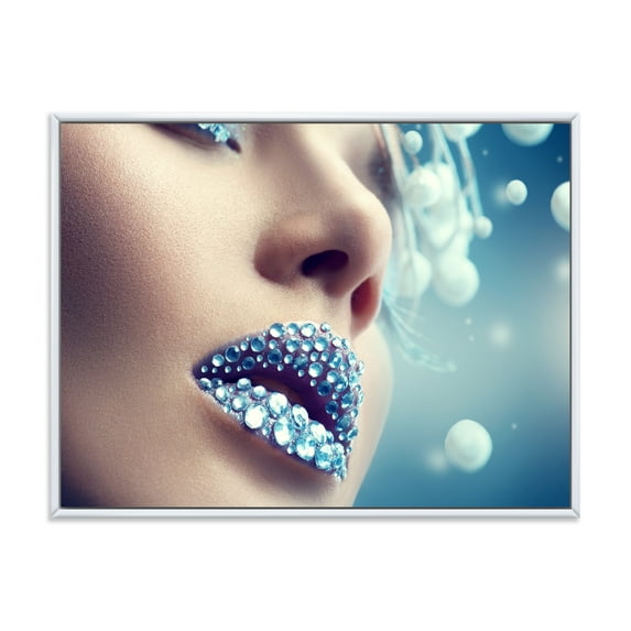 Close-Up Of Gems On Female Lips 32 in x 24 in Framed Photography Canvas Art Print, by Designart