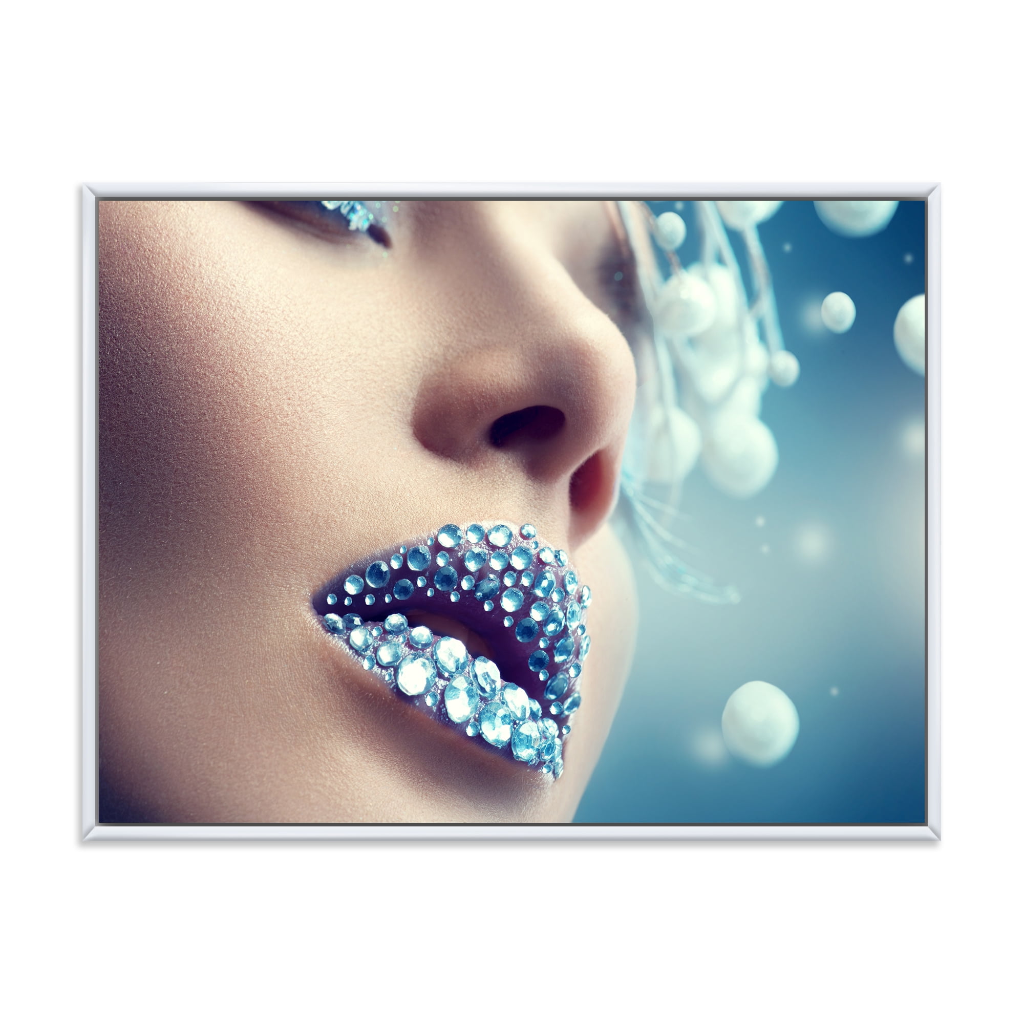 Close-Up Of Gems On Female Lips 40 in x 30 in Framed Painting Canvas Art Print, by Designart