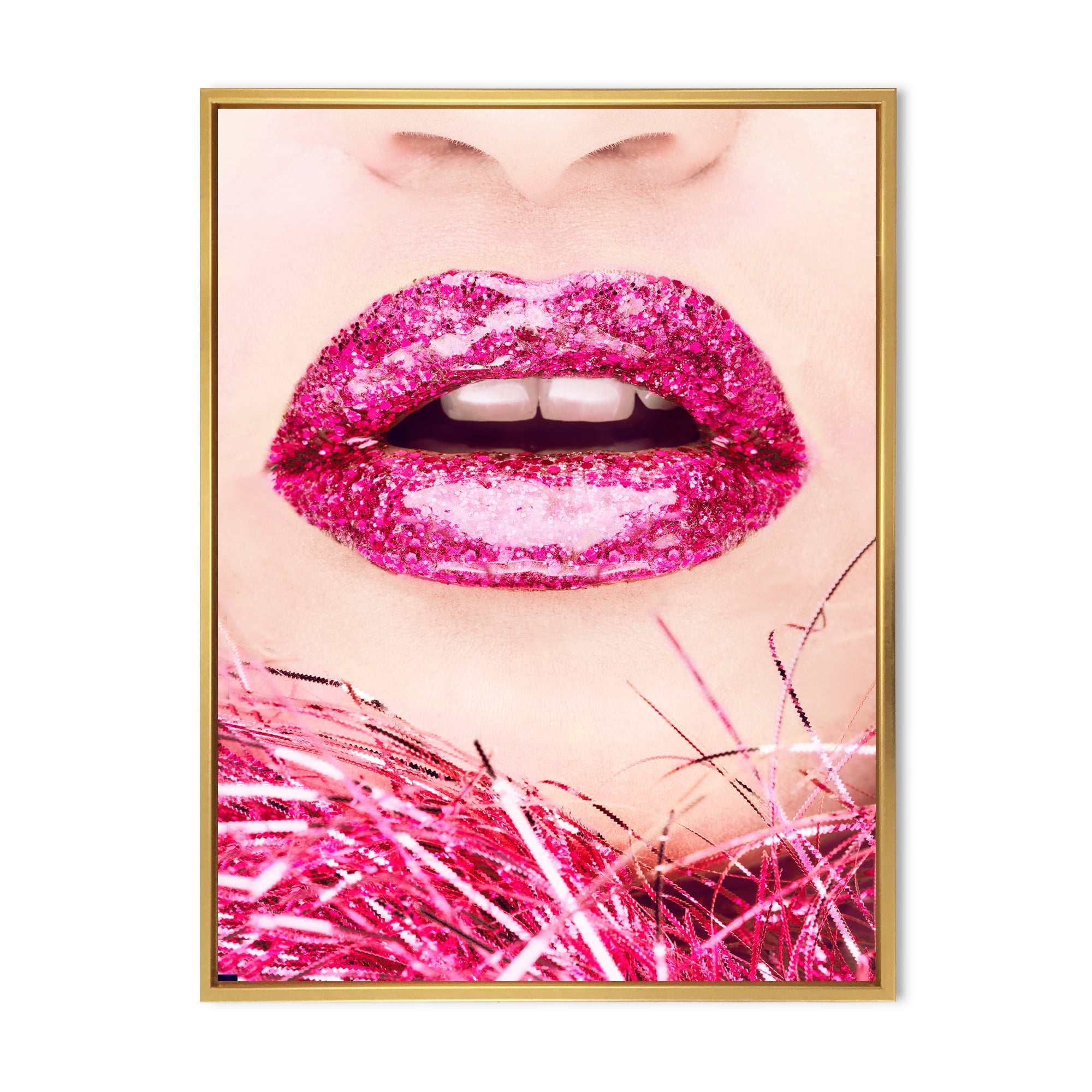 Close-Up Of Golden Female Lips II 12 in x 20 in Framed Photography Canvas Art Print, by Designart