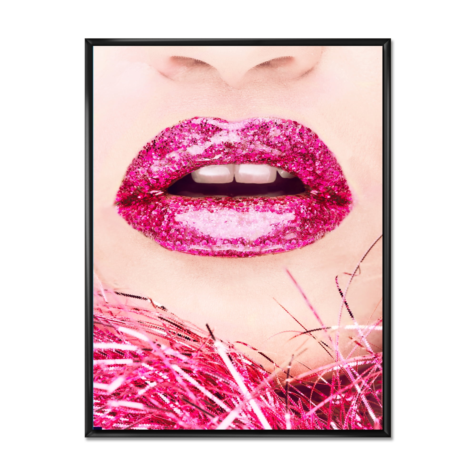 Close-Up Of Golden Female Lips II 16 in x 32 in Framed Photography Canvas Art Print, by Designart